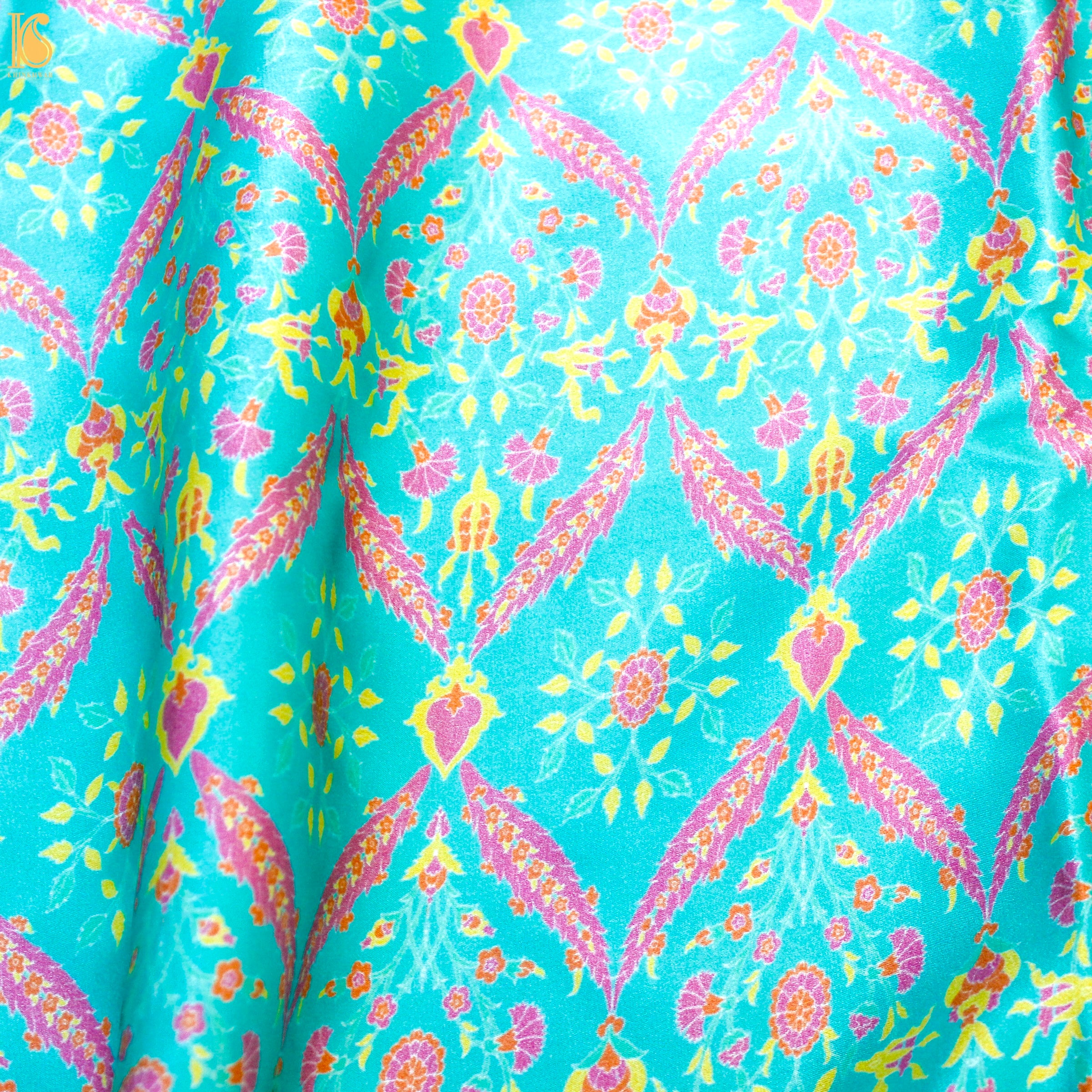 NERGİS - Turquoise Pure Sateen Silk Print Fabric - Khinkhwab
