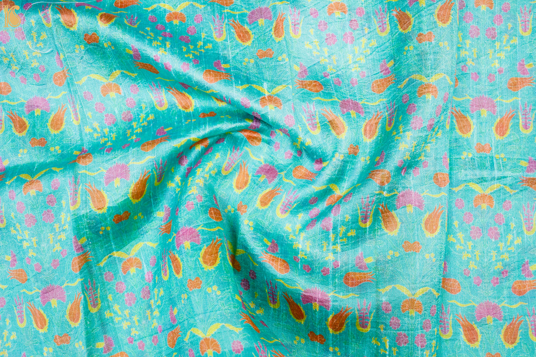 Lale- Turquoise Pure Raw Silk Print Fabric - Khinkhwab
