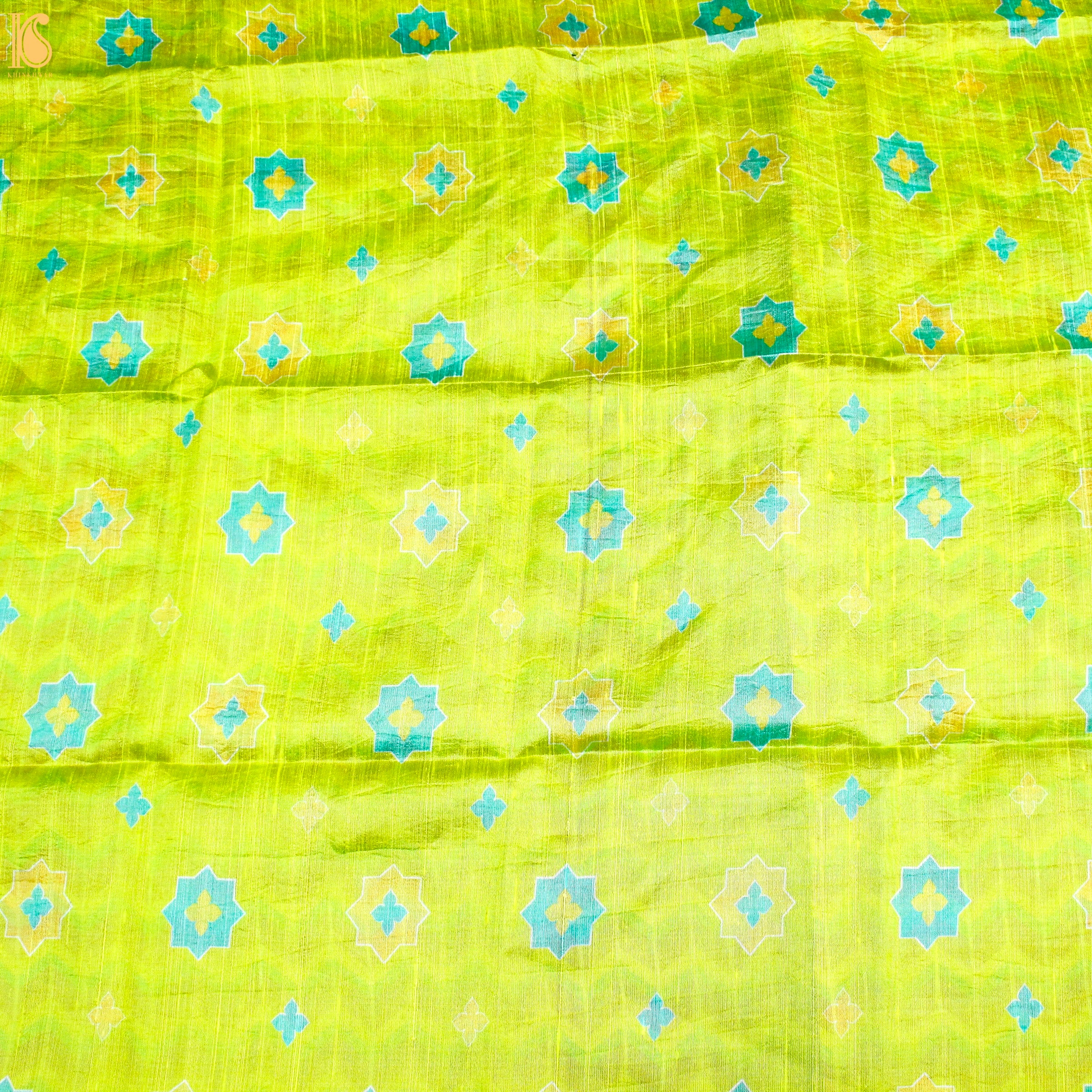 SITARA - Pear Green Pure Raw Silk Print Fabric - Khinkhwab