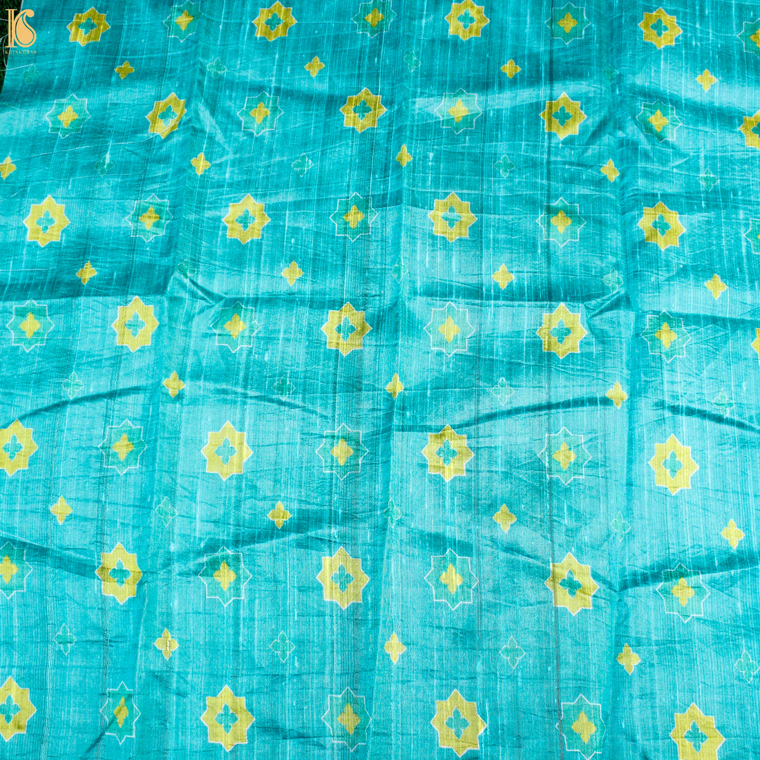 SITARA - Turquoise Pure Raw Silk Print Fabric - Khinkhwab