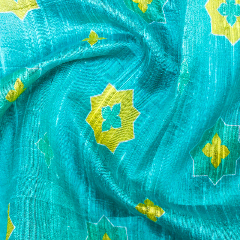 SITARA - Turquoise Pure Raw Silk Print Fabric - Khinkhwab