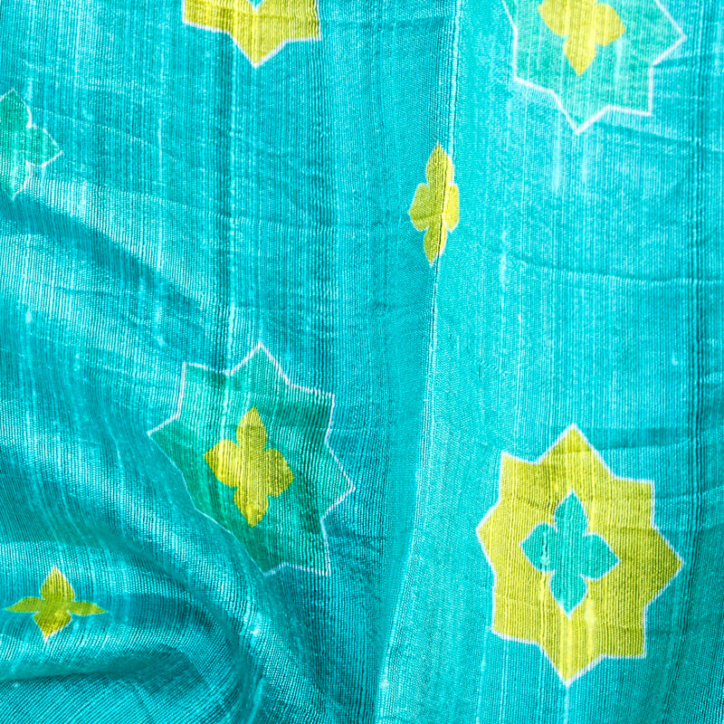 SITARA - Turquoise Pure Raw Silk Print Fabric - Khinkhwab