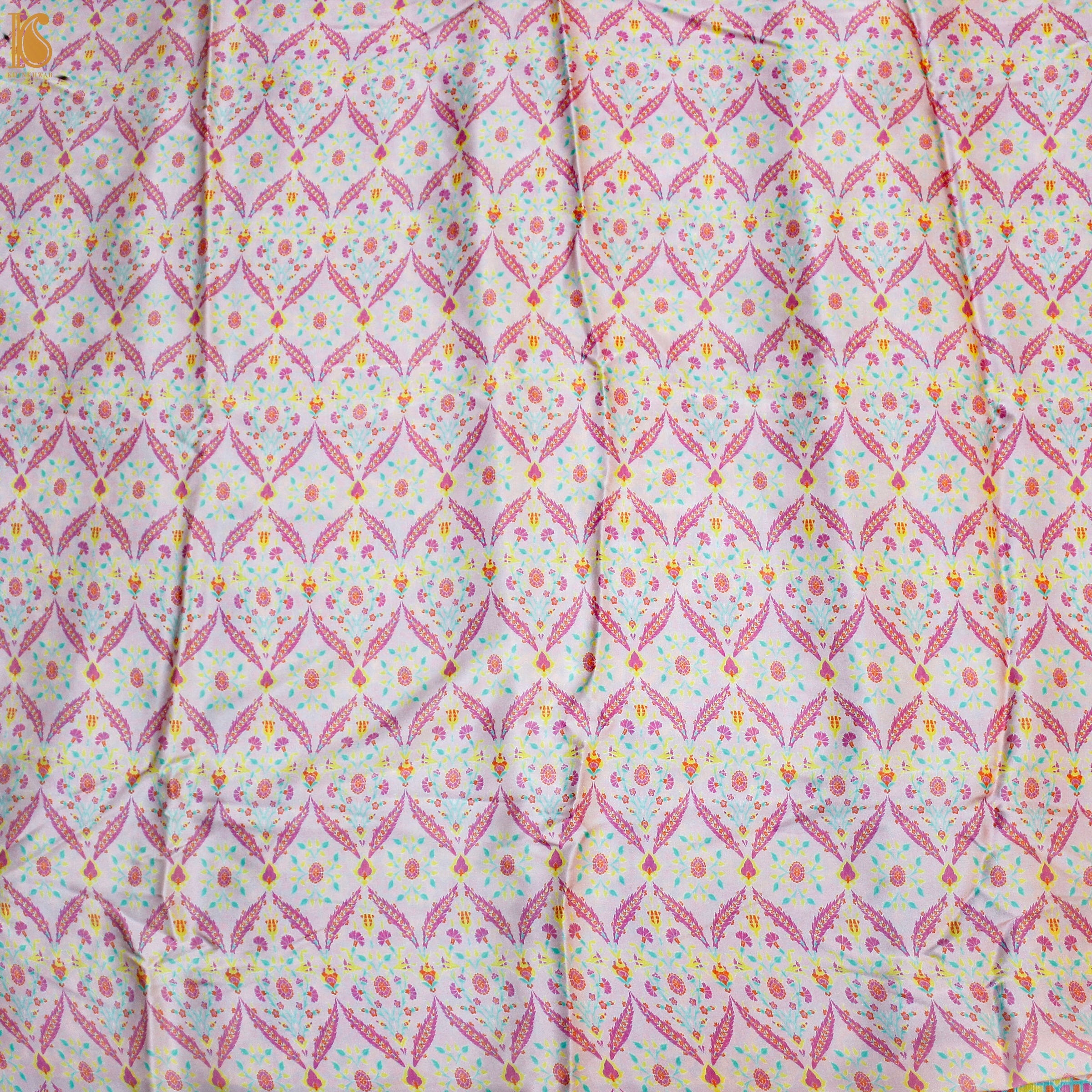 NERGİS - Carousel Pink Pure Sateen Silk Print Fabric - Khinkhwab