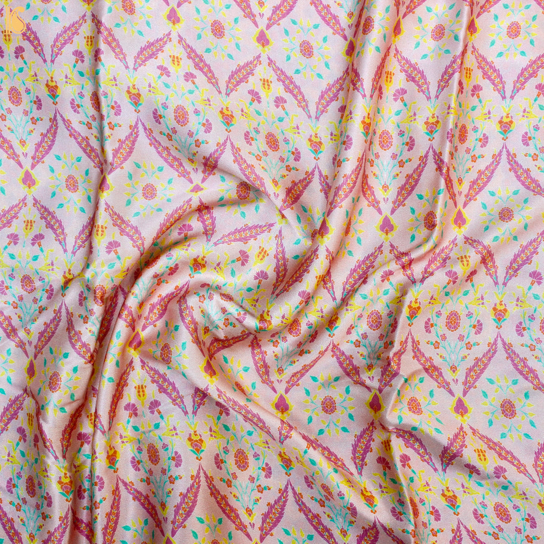 NERGİS - Carousel Pink Pure Sateen Silk Print Fabric - Khinkhwab