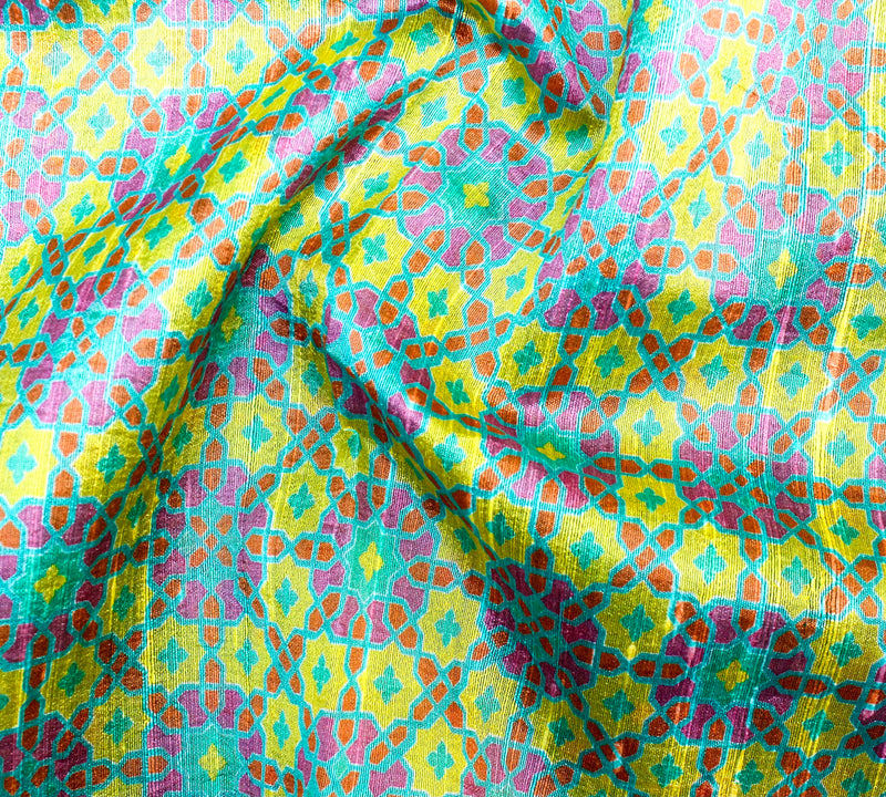 NİLÜFER - Yellow & Turquoise Pure Raw Silk Print Fabric - Khinkhwab