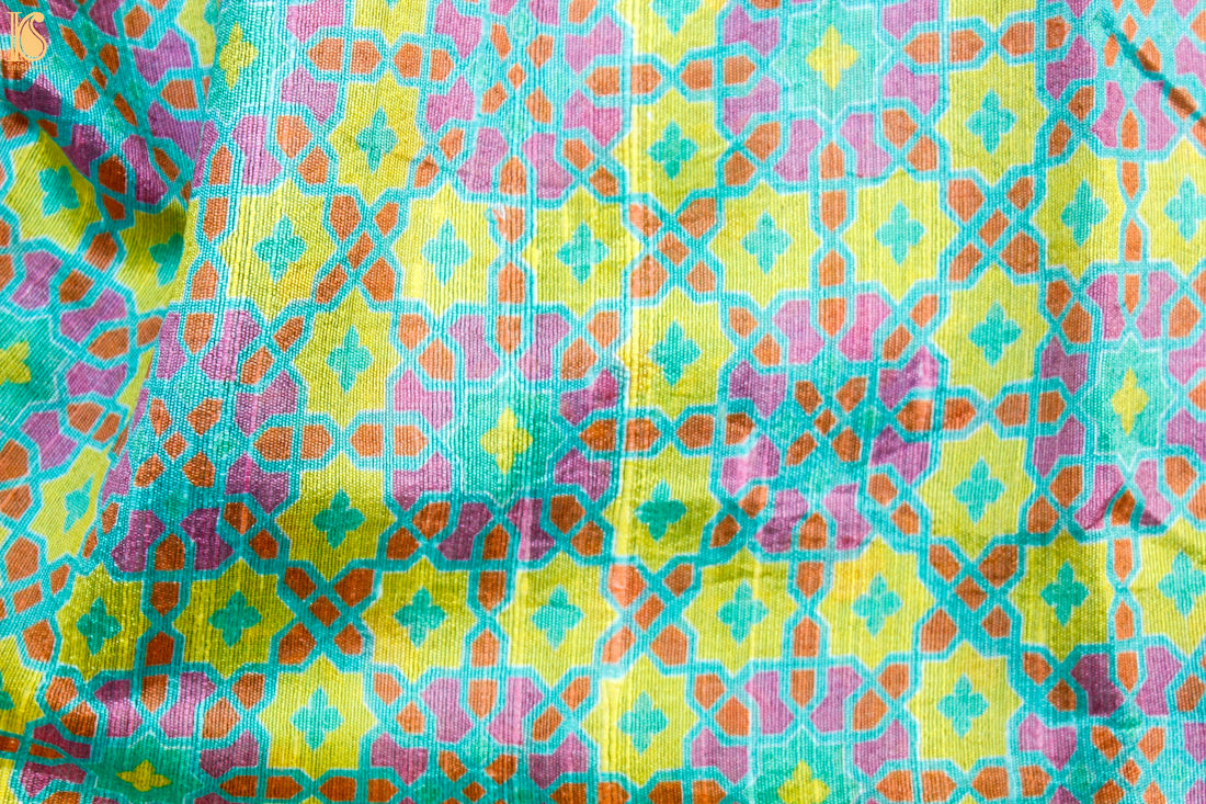 NİLÜFER - Yellow & Turquoise Pure Raw Silk Print Fabric - Khinkhwab