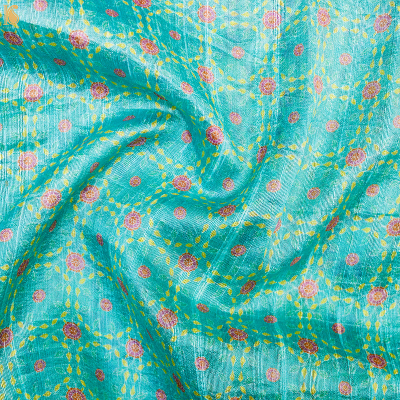 KARANFİL - Turquoise Pure Raw Silk Print Fabric - Khinkhwab