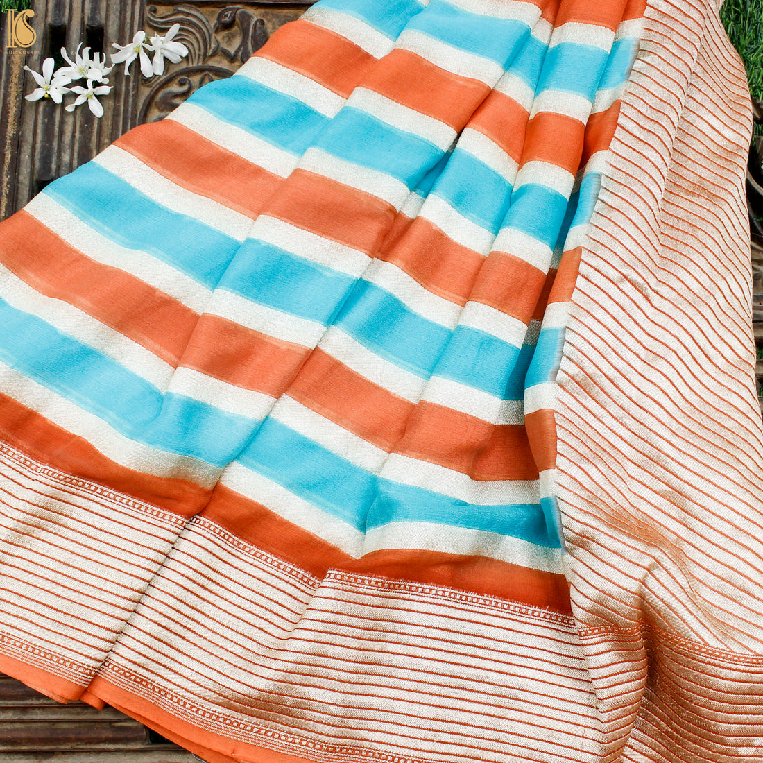 Orange &amp; Blue Pure Georgette Handloom Stripes Banarasi Saree - Khinkhwab