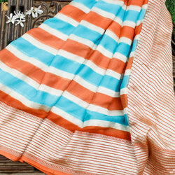 Orange & Blue Pure Georgette Handloom Stripes Banarasi Saree - Khinkhwab