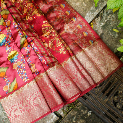 Cerise Pink Pure Chiniya Silk Printed Banarasi Saree - Khinkhwab