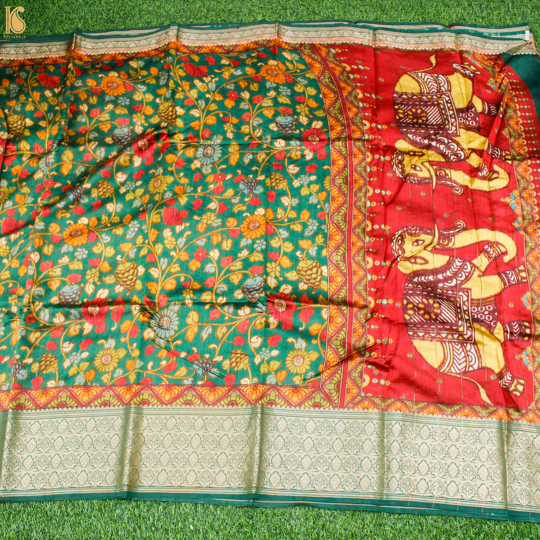 Niagara Green Pure Chiniya Silk Printed Elephant Banarasi Saree - Khinkhwab