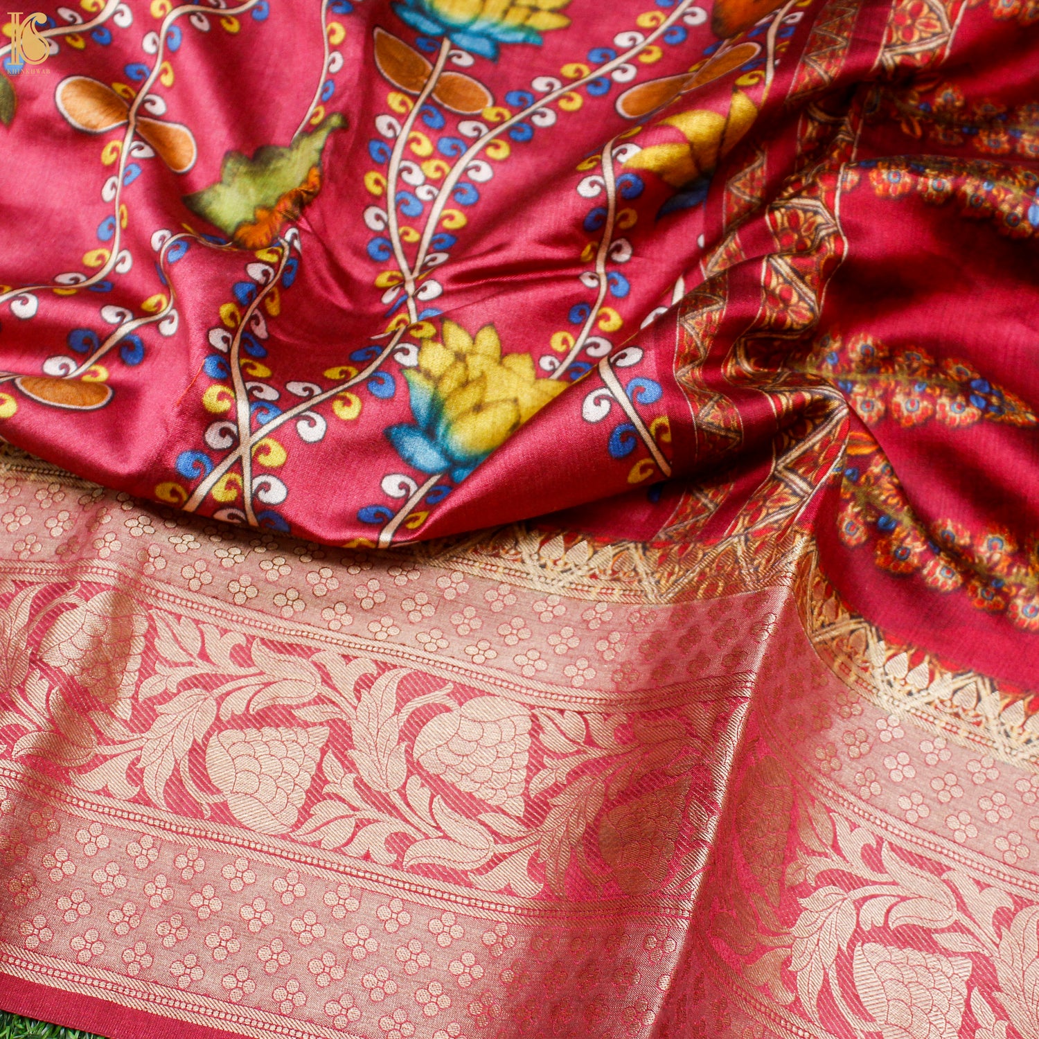 Cerise Pink Pure Chiniya Silk Printed Banarasi Saree - Khinkhwab