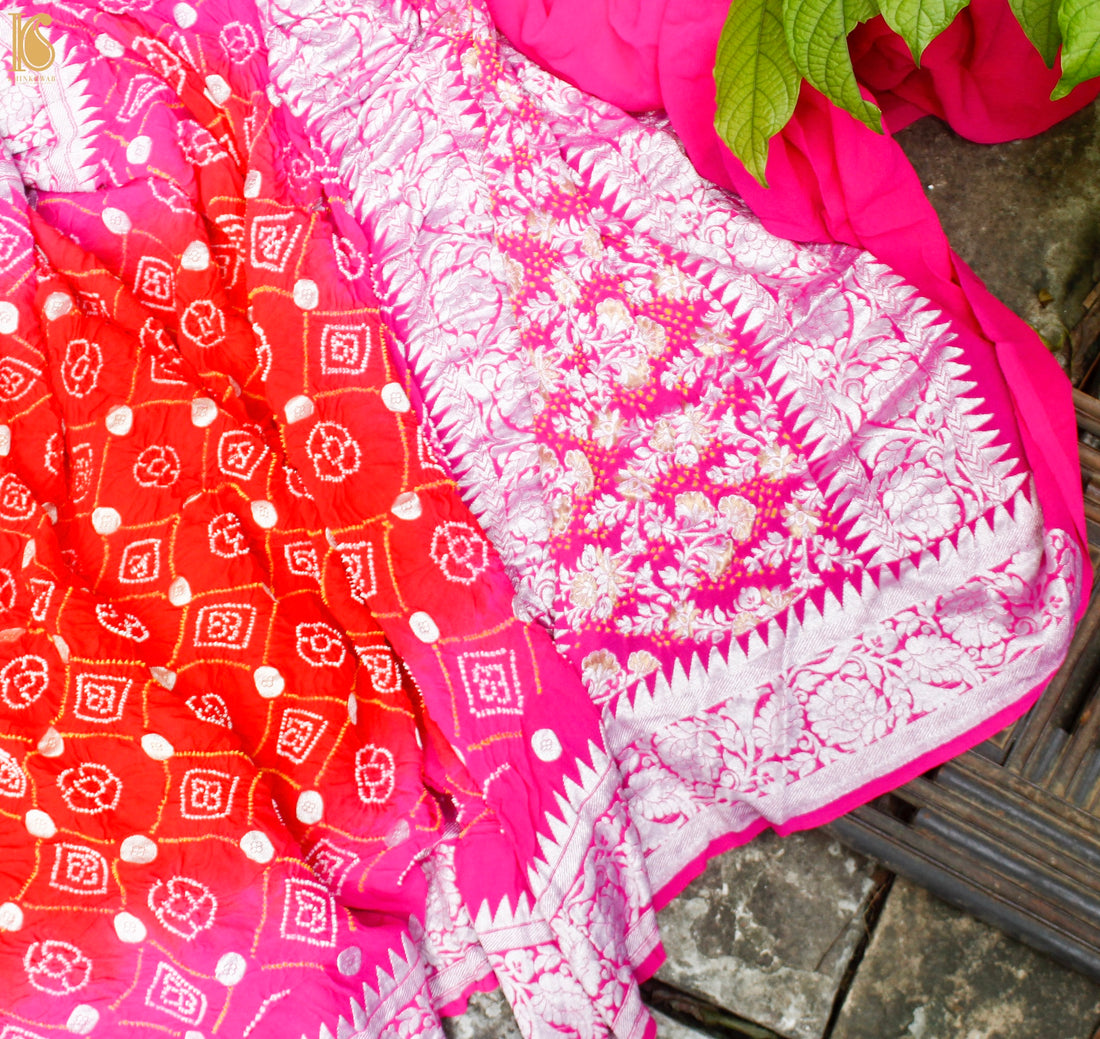 Pink &amp; Red Pure Georgette Handloom Banarasi Bandhani Saree - Khinkhwab