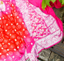 Pink & Red Pure Georgette Handloom Banarasi Bandhani Saree - Khinkhwab