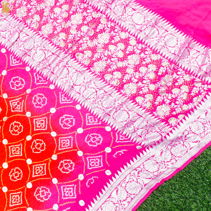 Pink & Red Pure Georgette Handloom Banarasi Bandhani Saree - Khinkhwab