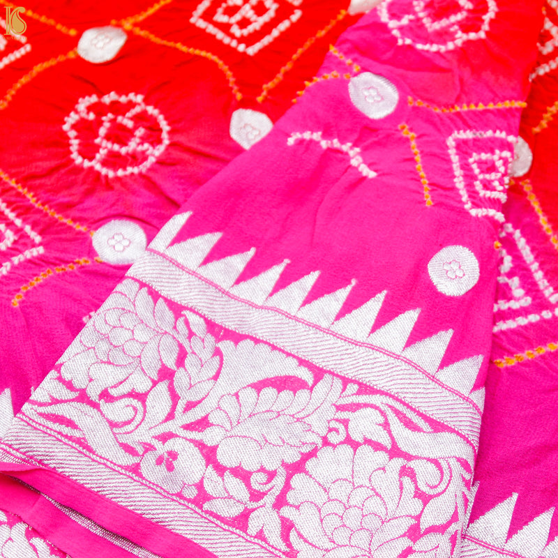 Pink & Red Pure Georgette Handloom Banarasi Bandhani Saree - Khinkhwab