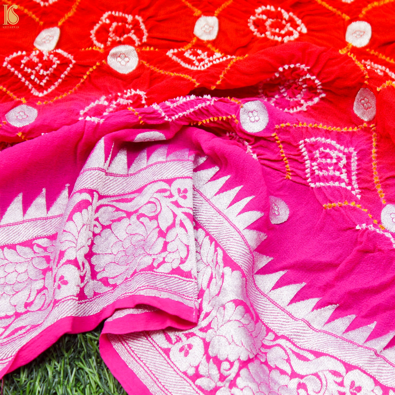 Pink &amp; Red Pure Georgette Handloom Banarasi Bandhani Saree - Khinkhwab