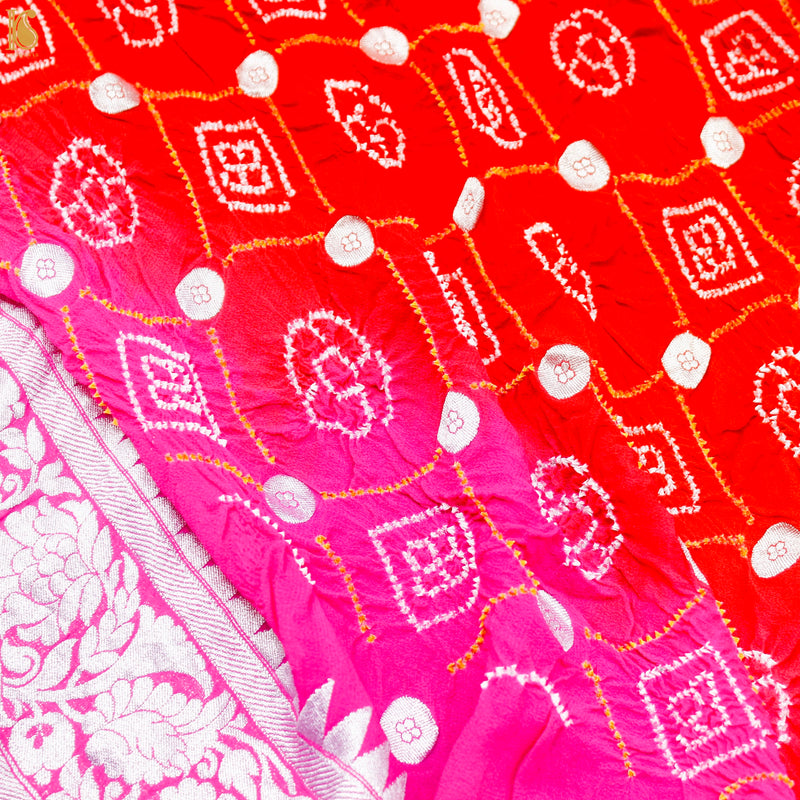 Pink & Red Pure Georgette Handloom Banarasi Bandhani Saree - Khinkhwab