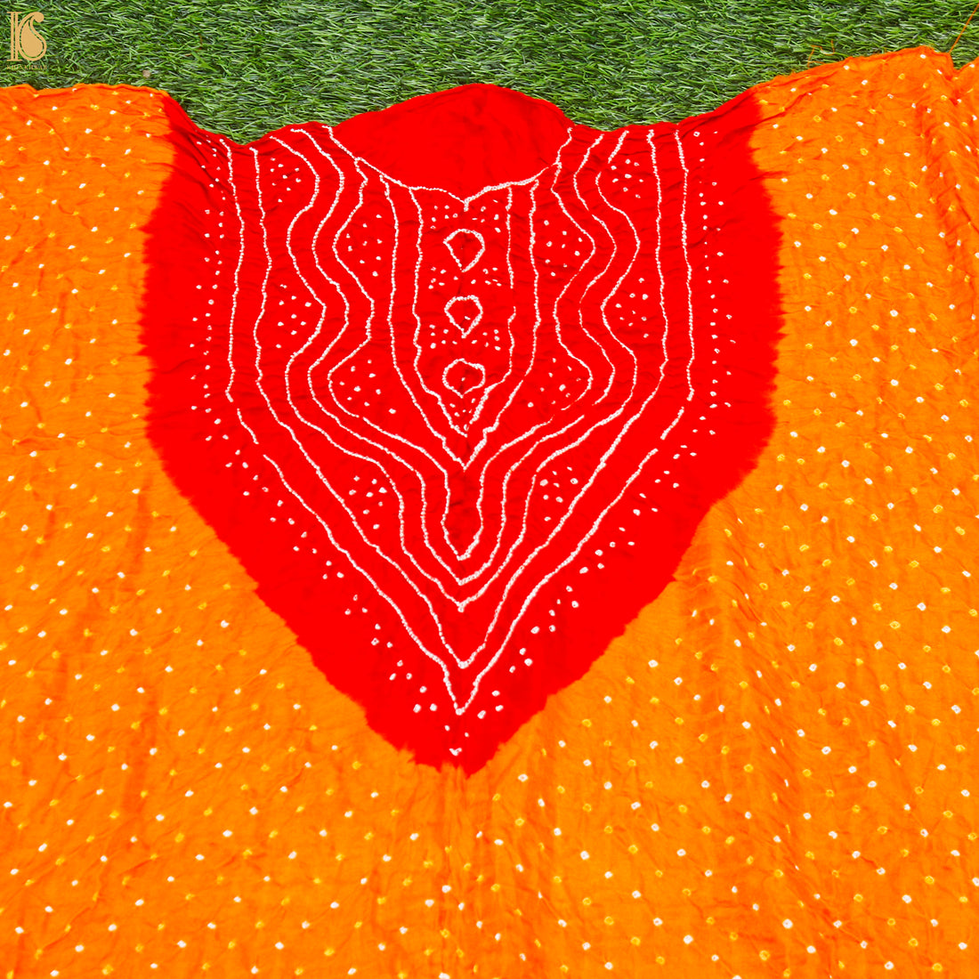 Orange & Red Pure Gajji Silk Bandhani Suit Fabric with Dupatta - Khinkhwab