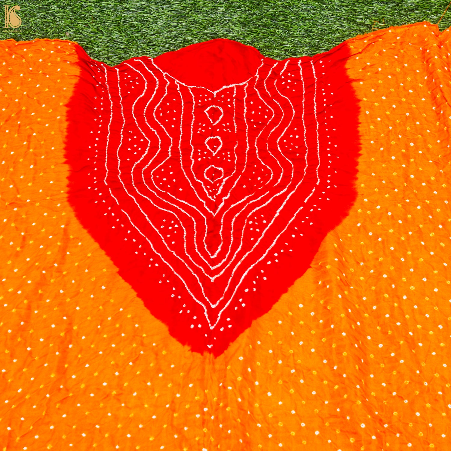 Orange &amp; Red Pure Gajji Silk Bandhani Suit Fabric with Dupatta - Khinkhwab