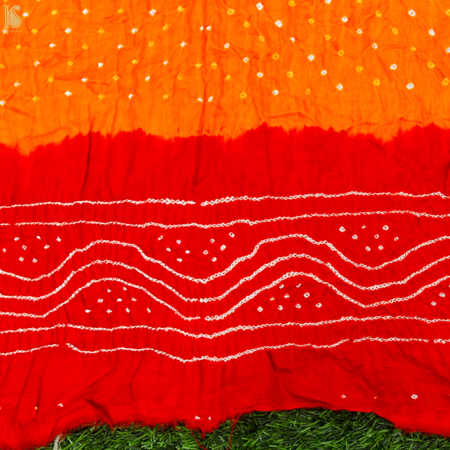 Orange &amp; Red Pure Gajji Silk Bandhani Suit Fabric with Dupatta - Khinkhwab
