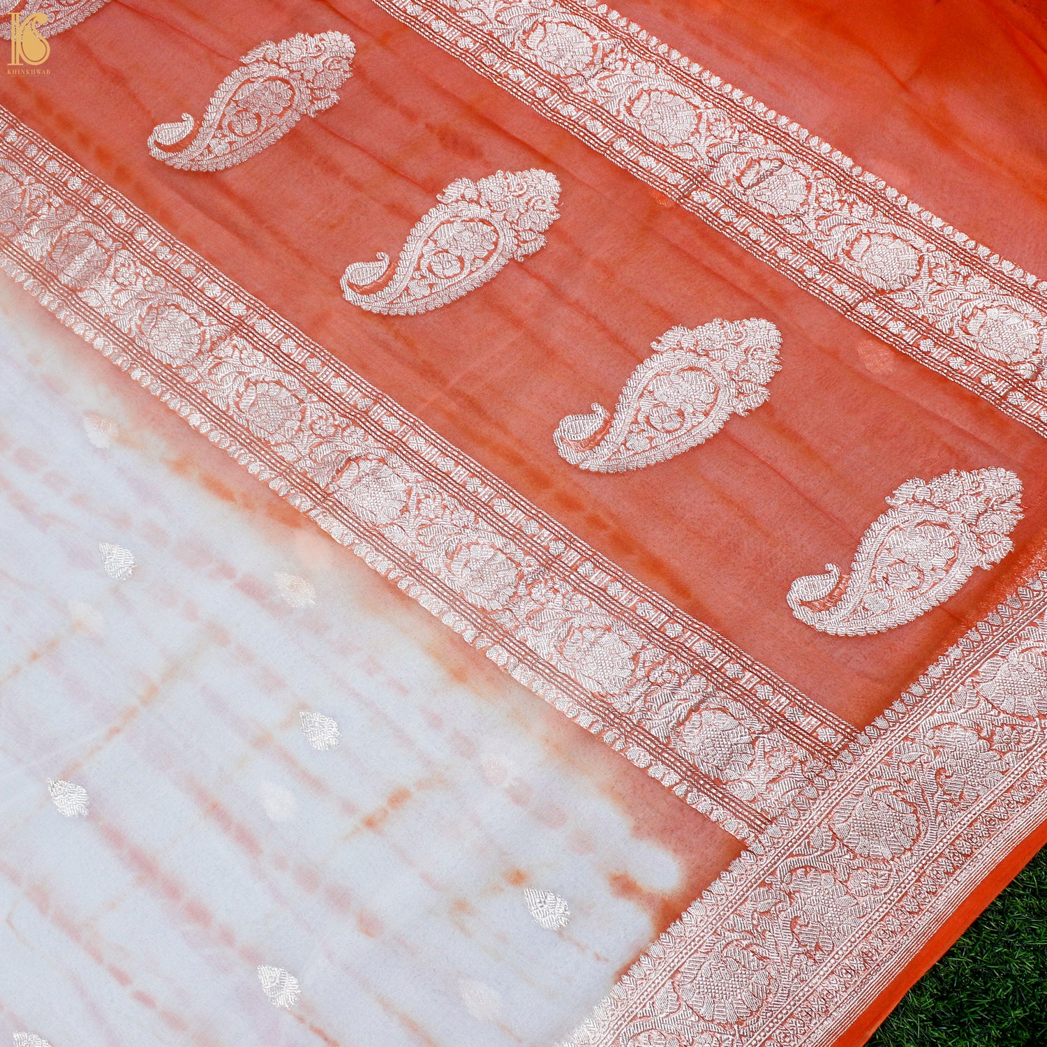 Red Orange Pure Georgette Handloom Banarasi Shibori Saree - Khinkhwab