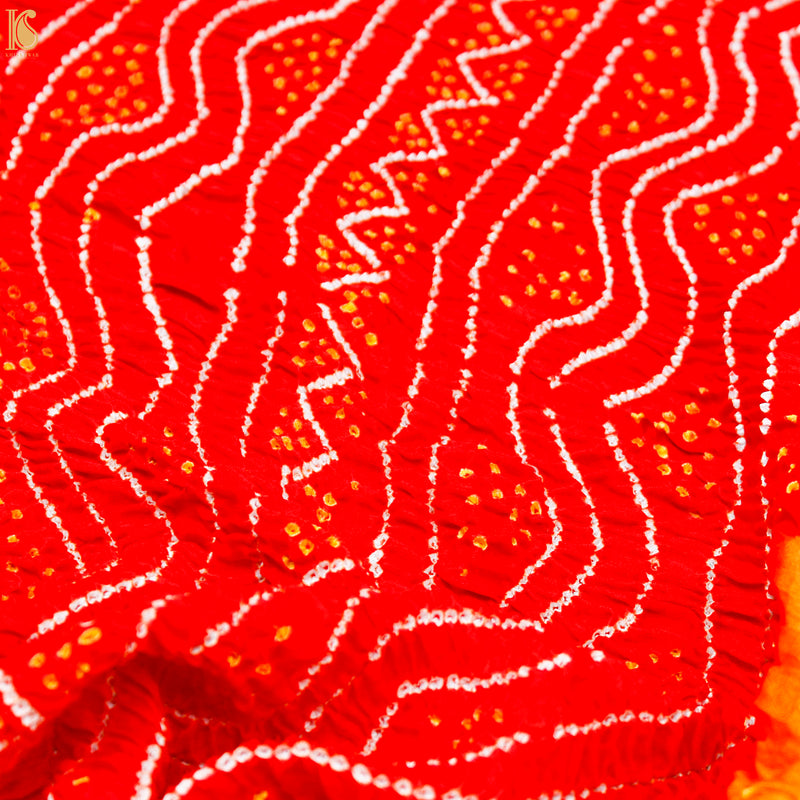 Orange & Red Pure Gajji Silk Bandhani Suit Fabric with Dupatta - Khinkhwab