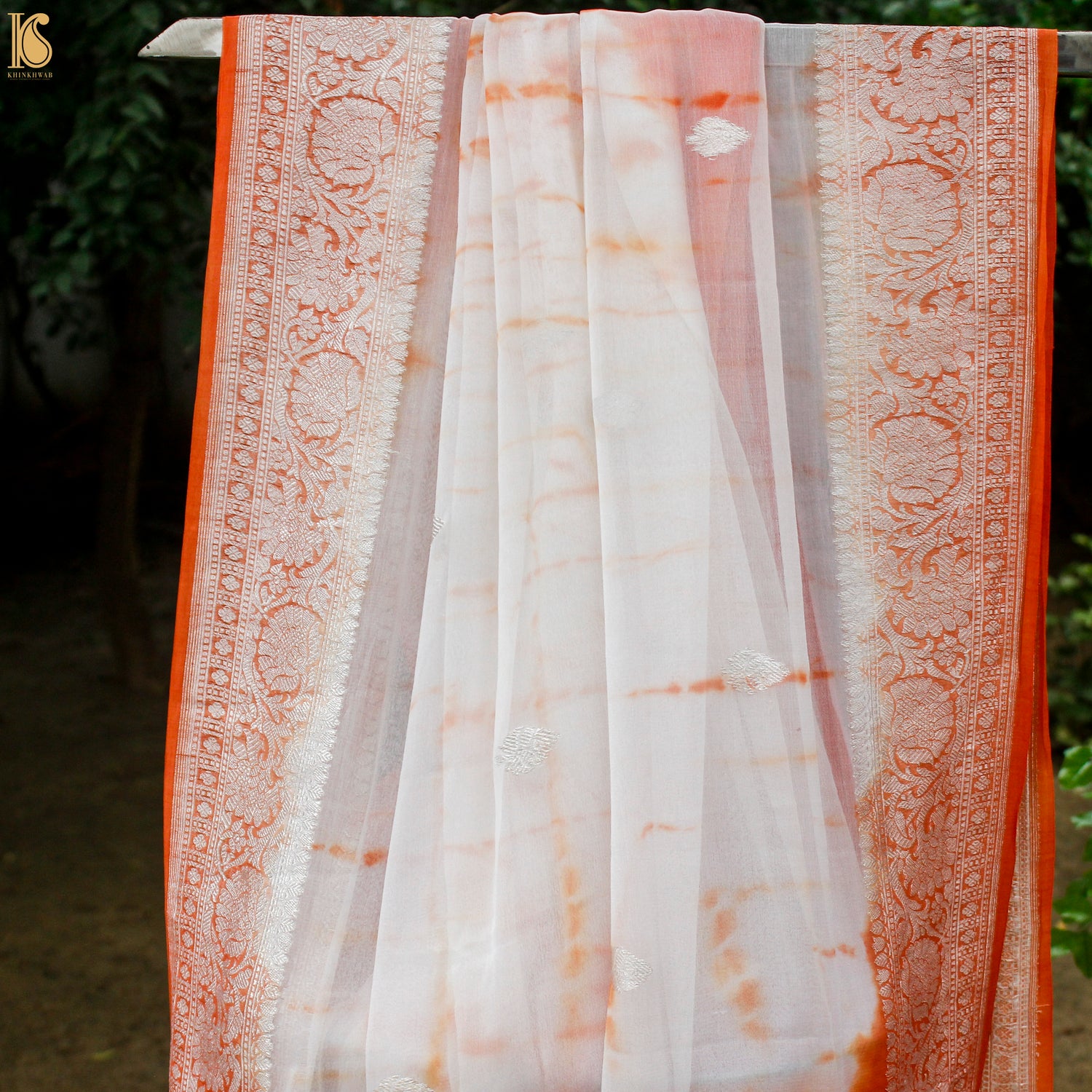 Red Orange Pure Georgette Handloom Banarasi Shibori Saree - Khinkhwab