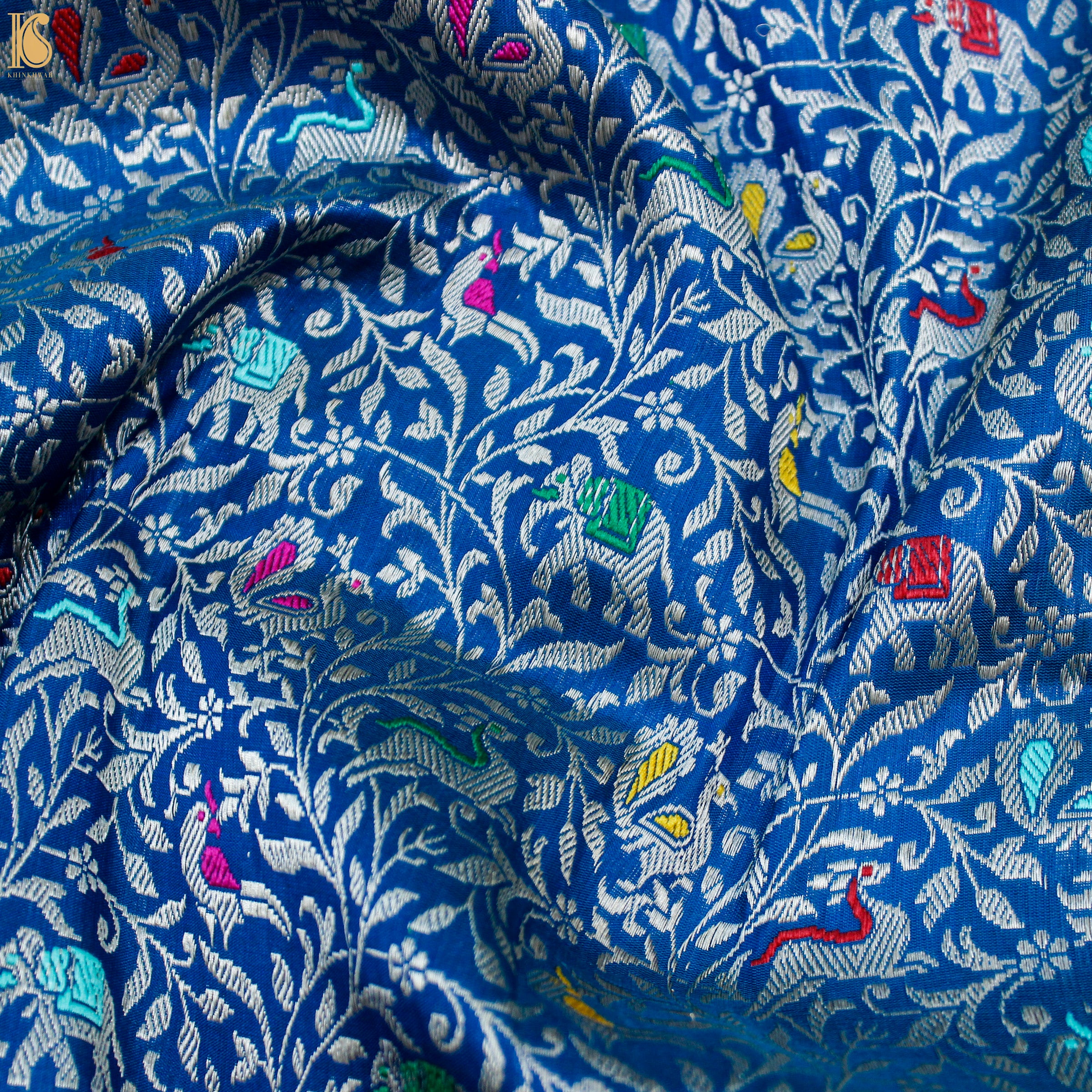 Handwoven Cobalt Blue Pure Katan Silk Banarasi Shikargah Fabric - Khinkhwab