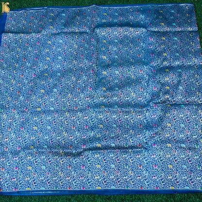 Handwoven Cobalt Blue Pure Katan Silk Banarasi Shikargah Fabric - Khinkhwab