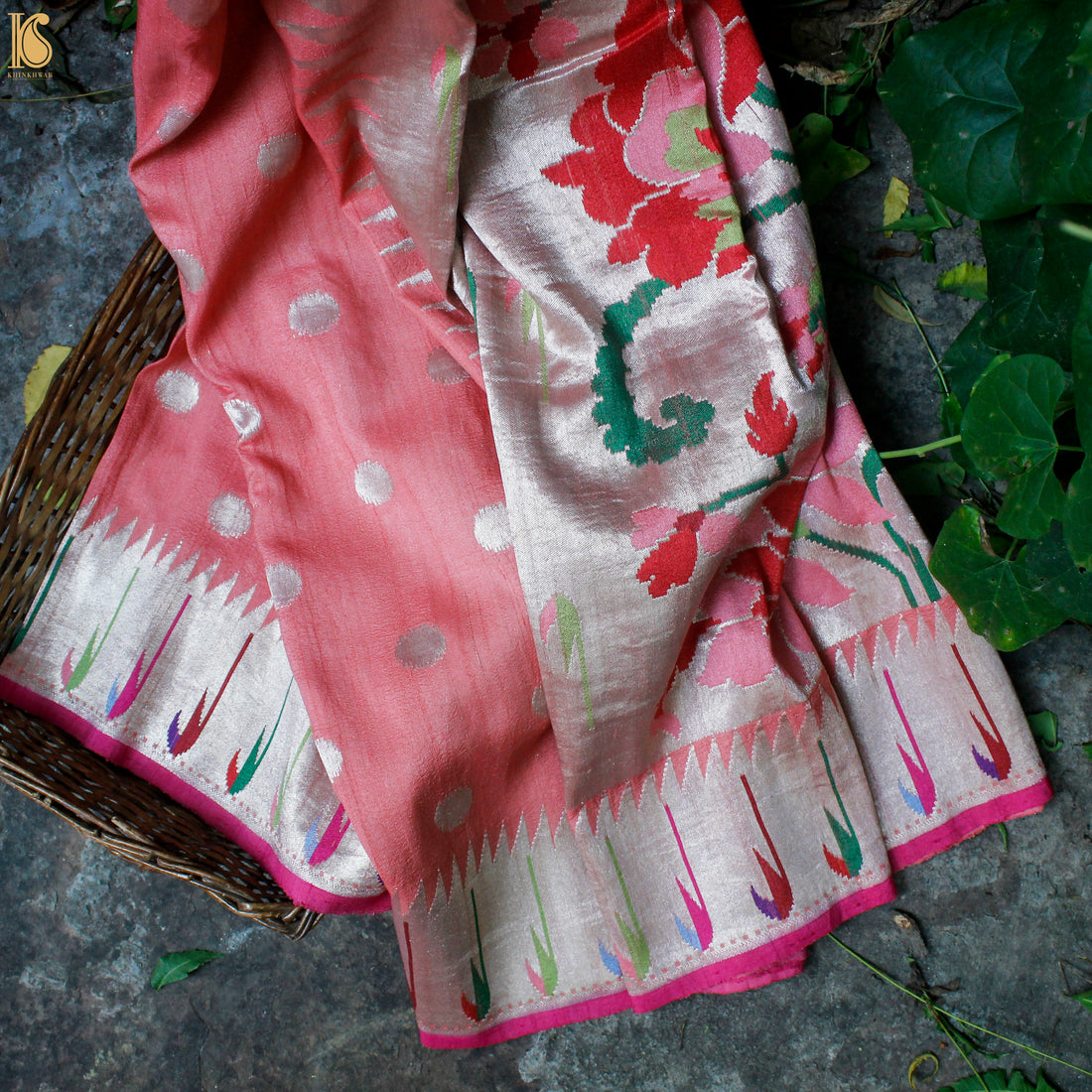 Carissma Pink Tussar Silver Zari Muniya Border Banarasi Saree - Khinkhwab