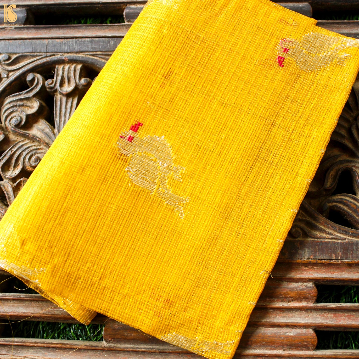 Handwoven Golden Poppy Real Zari Kota Bird Blouse Fabric - Khinkhwab