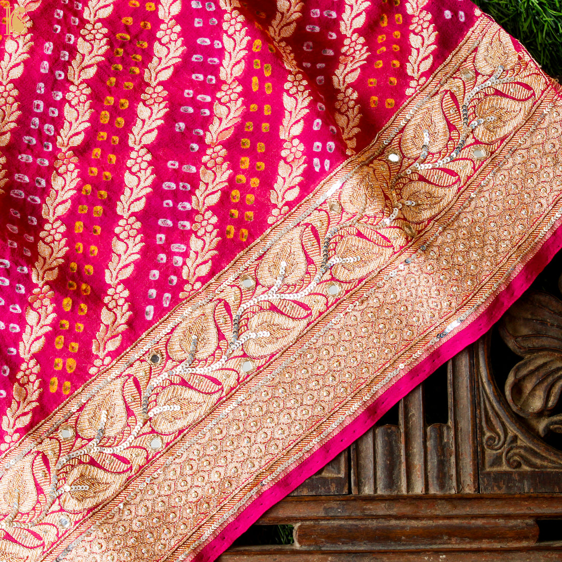 Pink Hand Embroidered Pure Georgette Bandhani Blouse Fabric - Khinkhwab