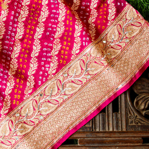 Pink Hand Embroidered Pure Georgette Bandhani Blouse Fabric - Khinkhwab