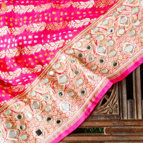 Pink Hand Embroidered Pure Georgette Bandhani Blouse Fabric - Khinkhwab