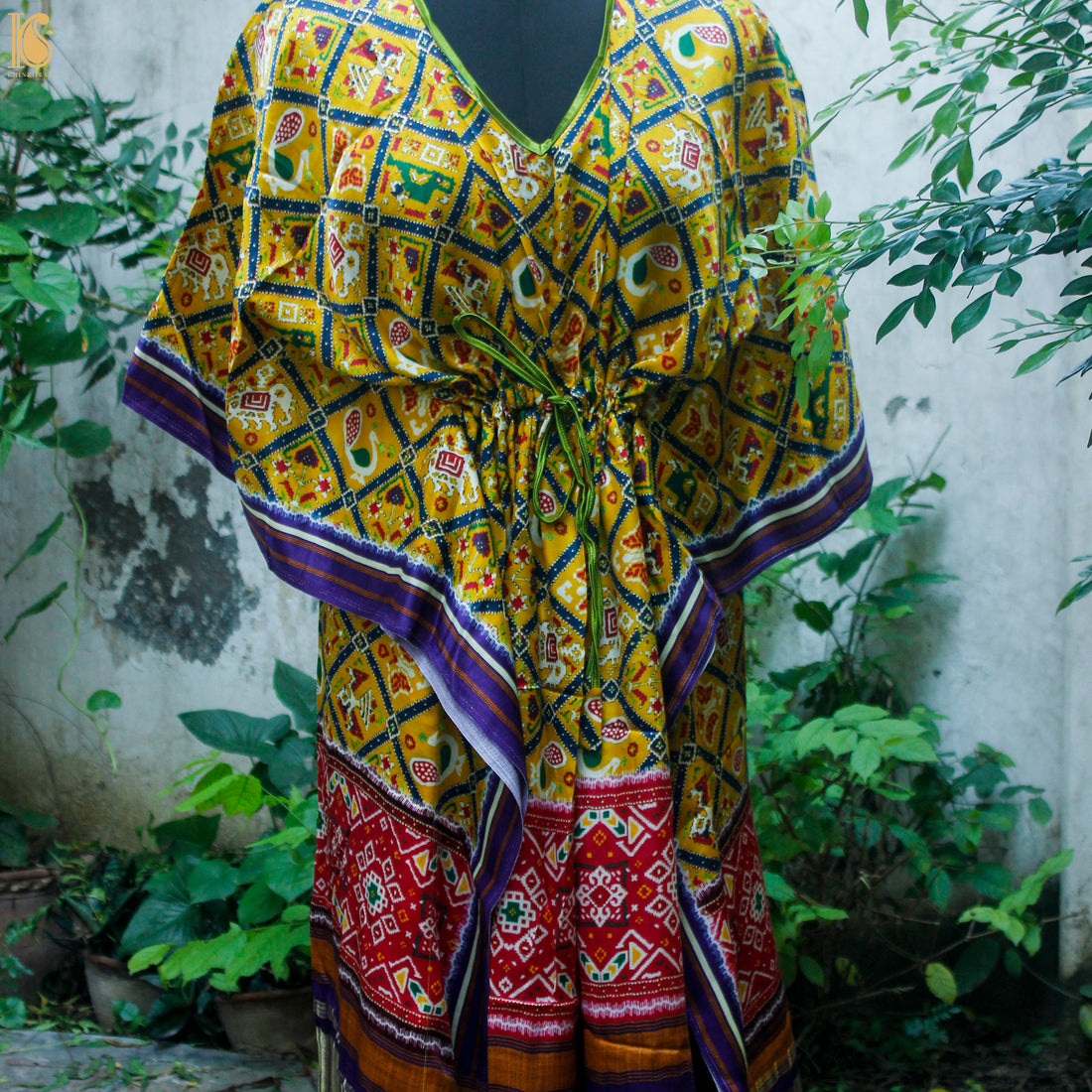 Yellow Hand Block Ajrakh Modal Silk Free Size Kaftan - Khinkhwab