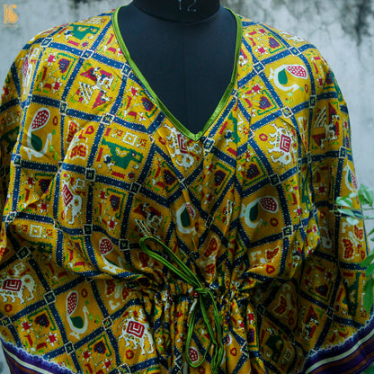 Yellow Hand Block Ajrakh Modal Silk Free Size Kaftan - Khinkhwab