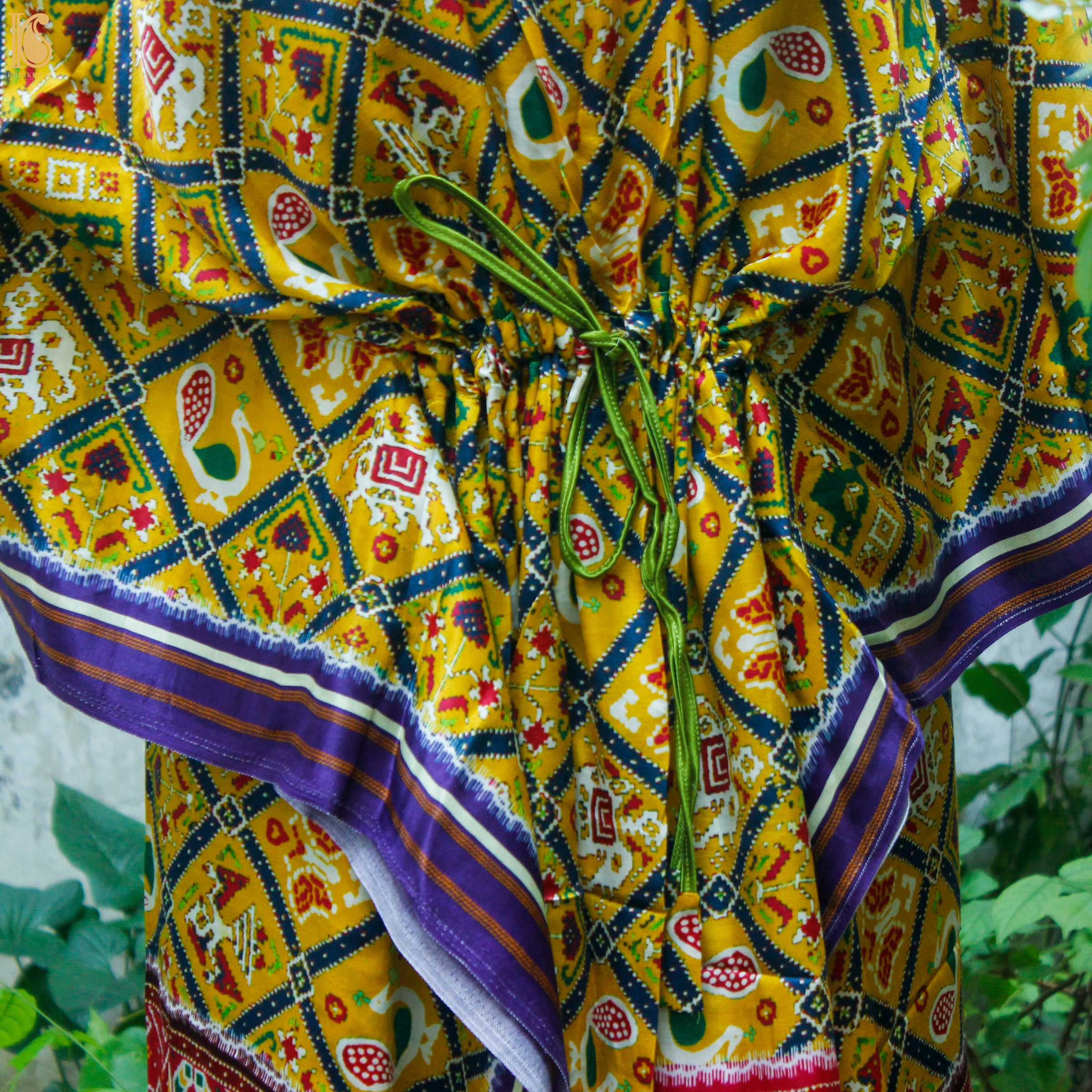 Yellow Hand Block Ajrakh Modal Silk Free Size Kaftan - Khinkhwab