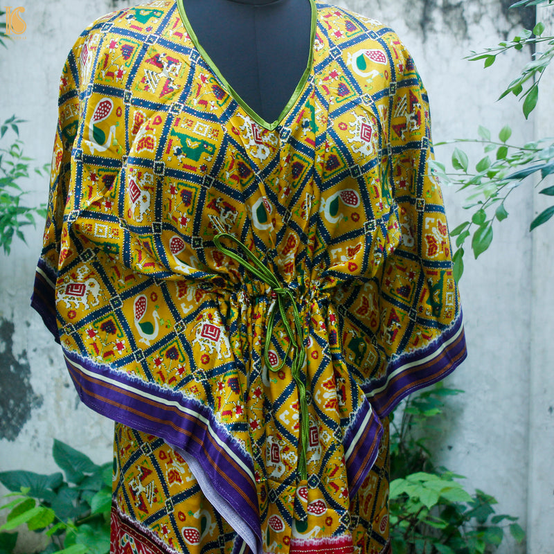 Yellow Hand Block Ajrakh Modal Silk Free Size Kaftan - Khinkhwab