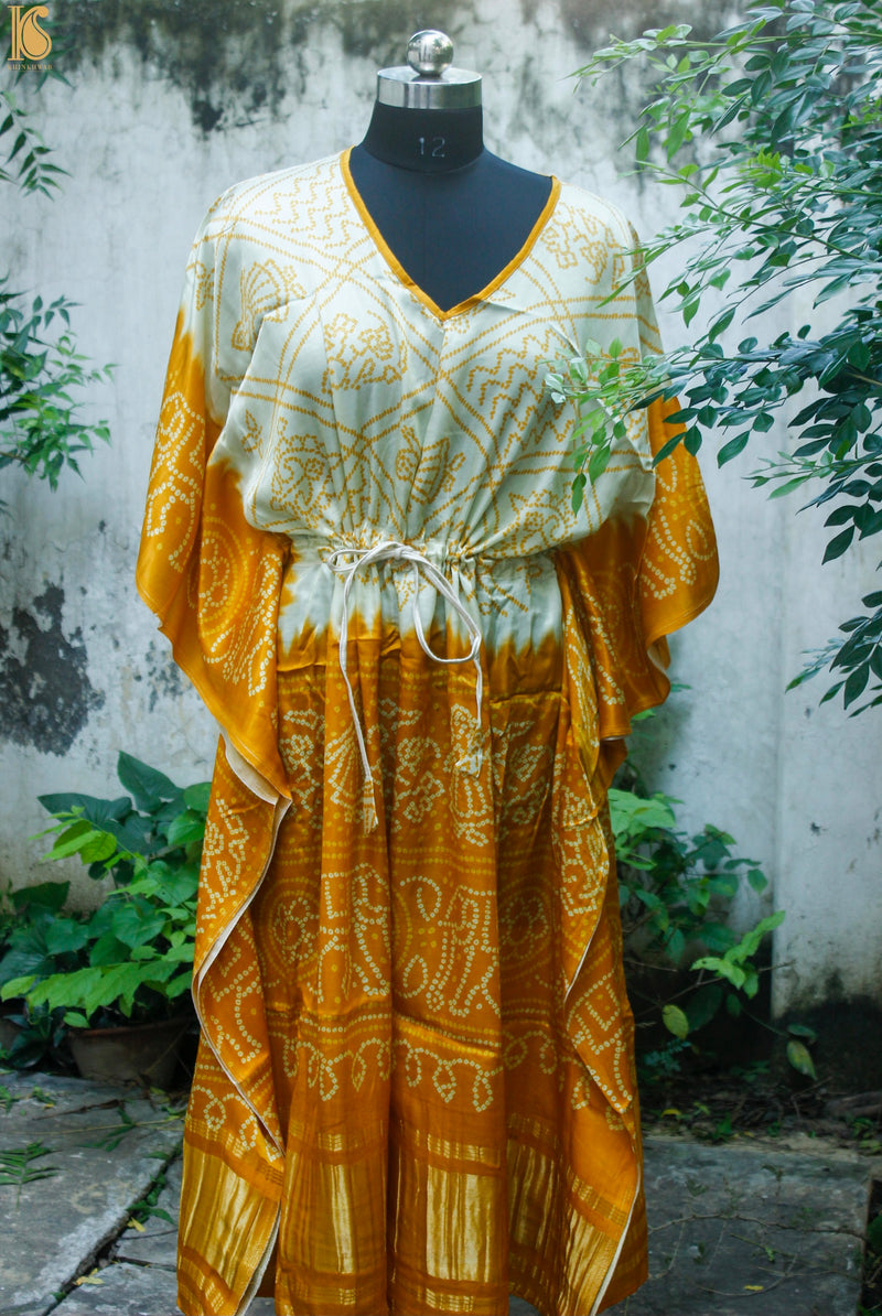 Yellow & White Hand Block Ajrakh Modal Silk Free Size Kaftan - Khinkhwab