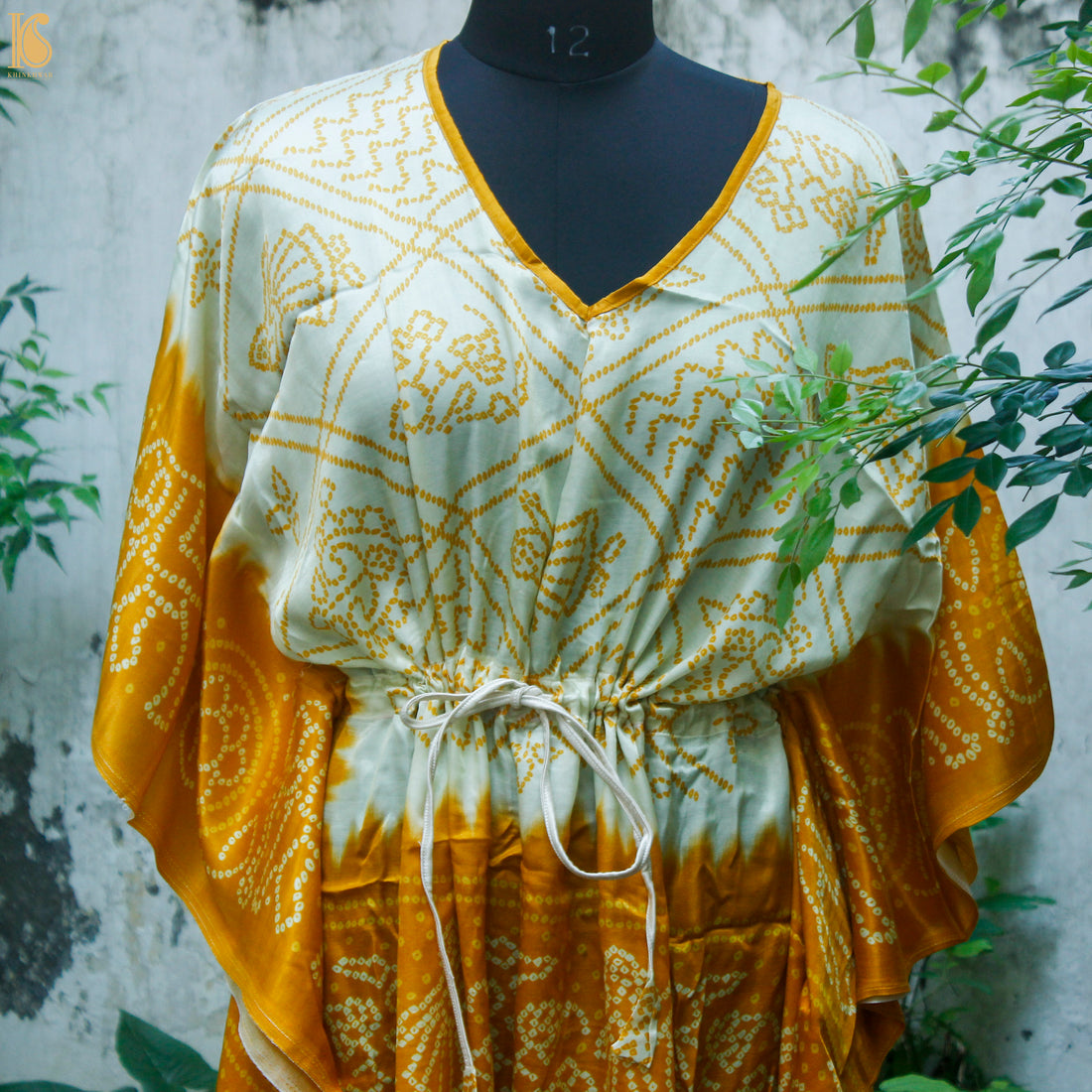 Yellow &amp; White Hand Block Ajrakh Modal Silk Free Size Kaftan - Khinkhwab