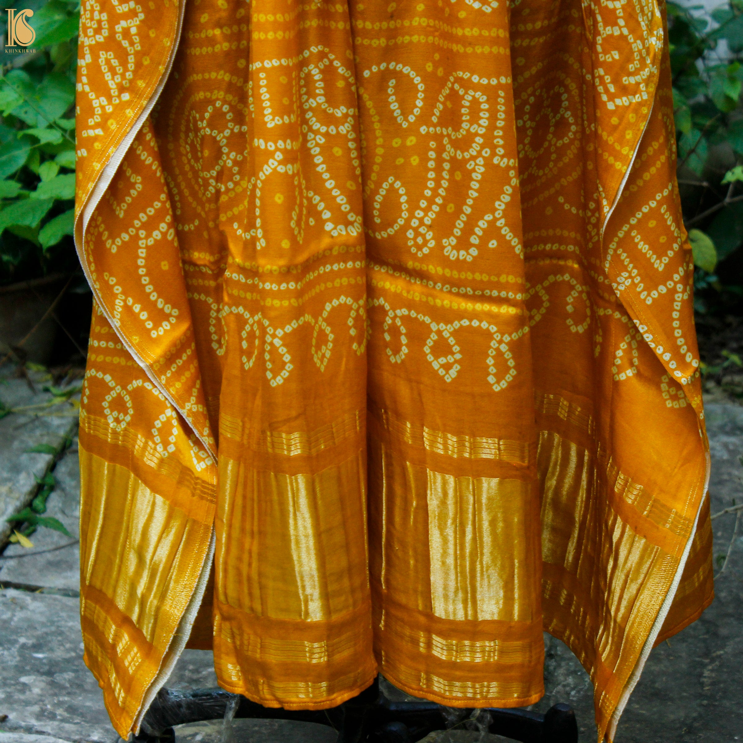 Yellow &amp; White Hand Block Ajrakh Modal Silk Free Size Kaftan - Khinkhwab