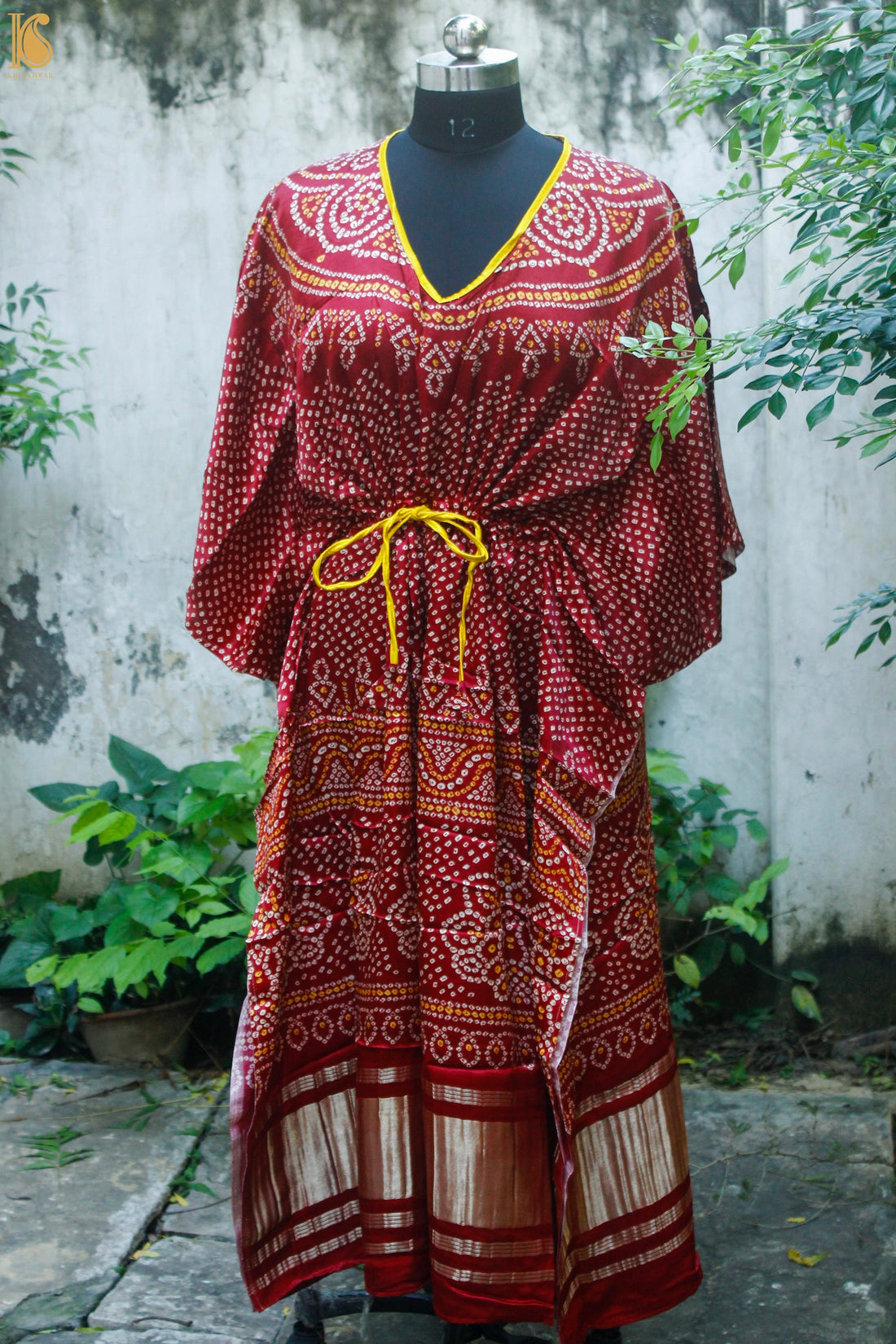 Red Hand Block Ajrakh Modal Silk Free Size Kaftan - Khinkhwab