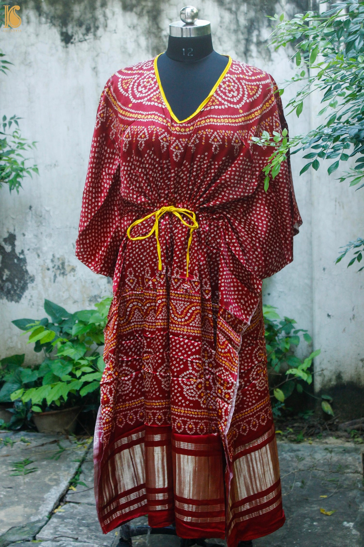 Red Hand Block Ajrakh Modal Silk Free Size Kaftan - Khinkhwab