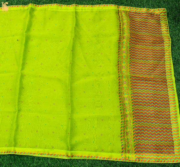 KARANFİL - Inch Worm Green Pure Organza Print Dupatta - Khinkhwab
