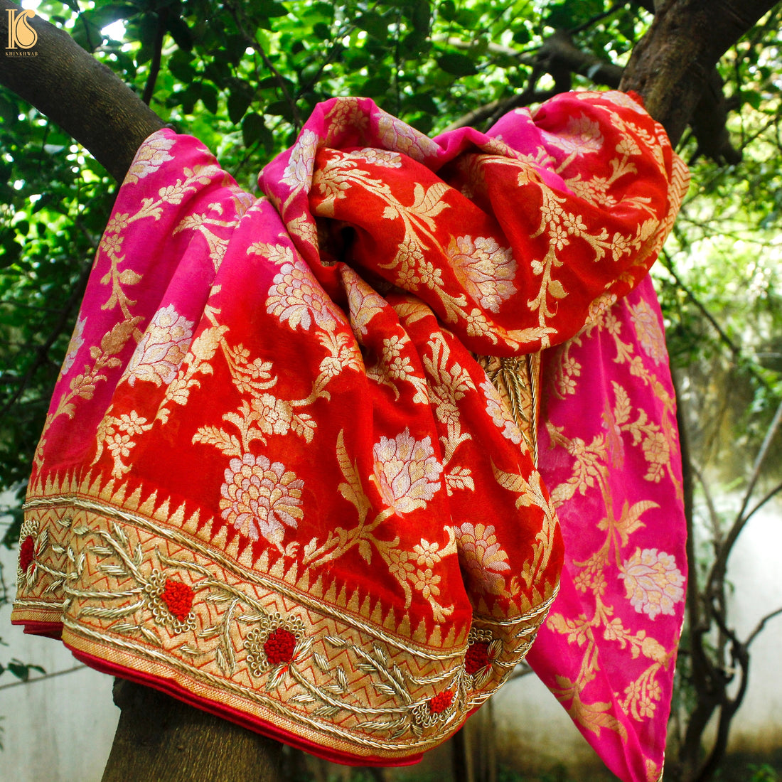 Red &amp; Pink Georgette Handloom Banarasi Zardozi Embroidery Dupatta - Khinkhwab