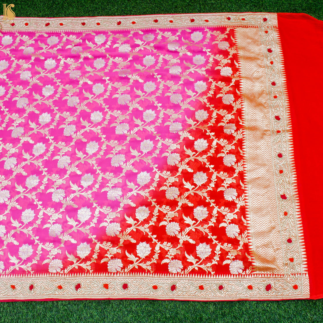 Red & Pink Georgette Handloom Banarasi Zardozi Embroidery Dupatta - Khinkhwab