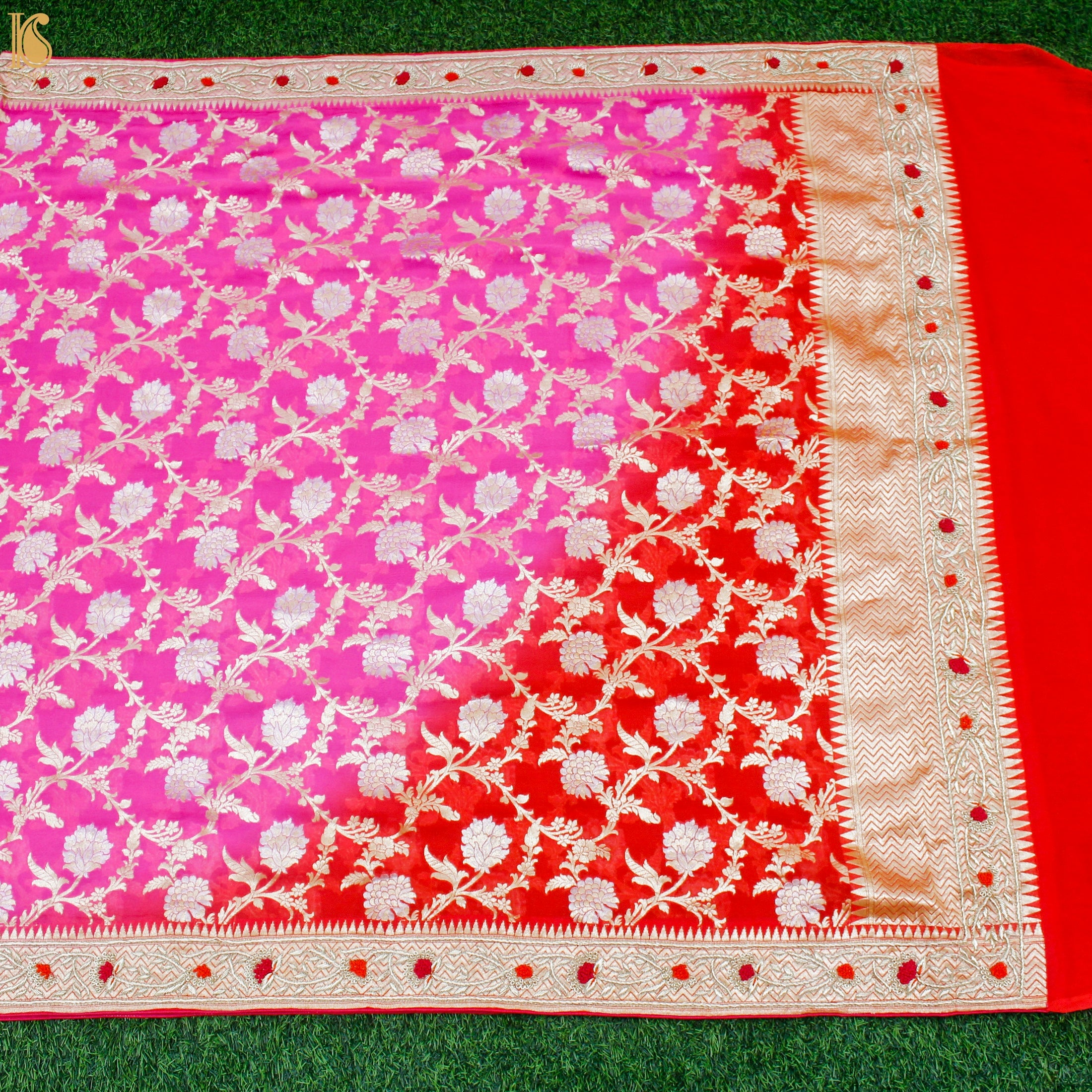 Red &amp; Pink Georgette Handloom Banarasi Zardozi Embroidery Dupatta - Khinkhwab