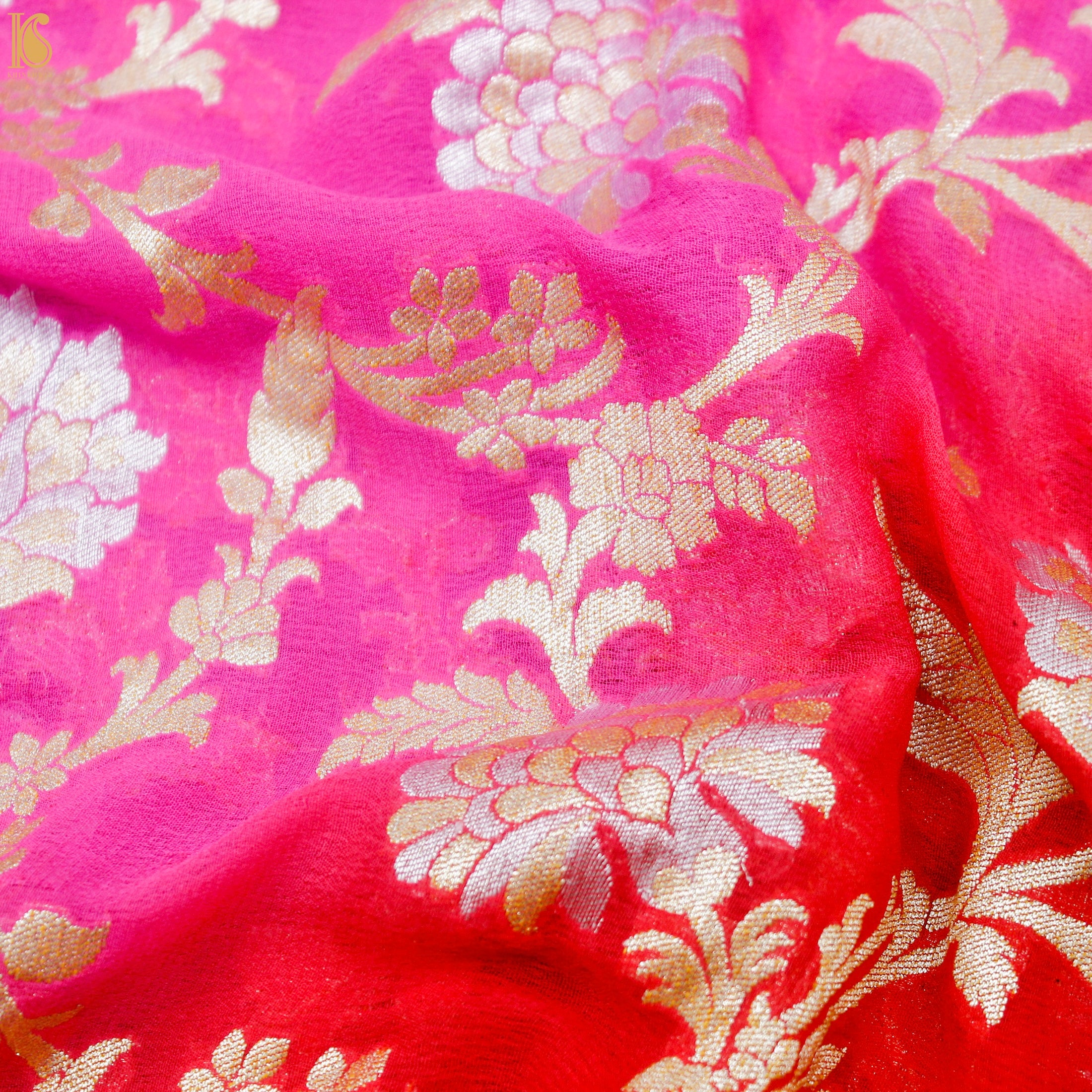 Red &amp; Pink Georgette Handloom Banarasi Zardozi Embroidery Dupatta - Khinkhwab