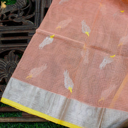 Handwoven Peach Real Zari Kota Blouse Bird Fabric - Khinkhwab